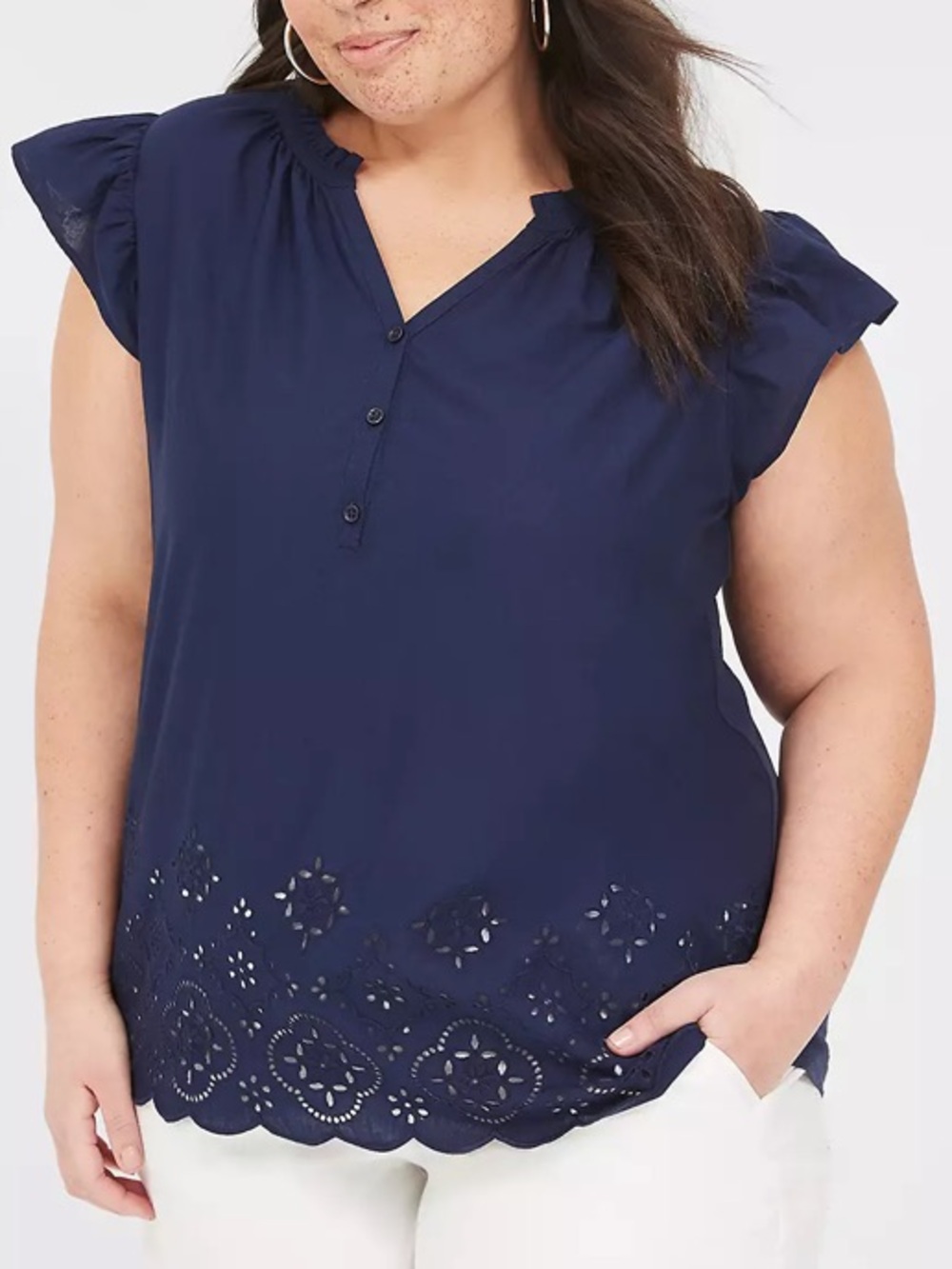 Lane Bryant Navy Eyelet Hem Flutter Sleeve Top